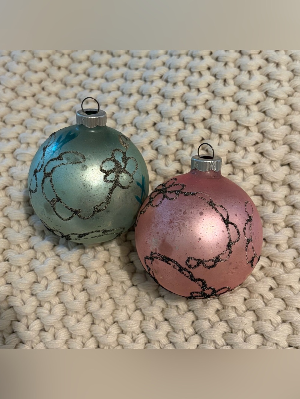 Vintage Germany Shiny Brite Mercury Glass Pink Blue Xmas Ornament Black Mica 3”